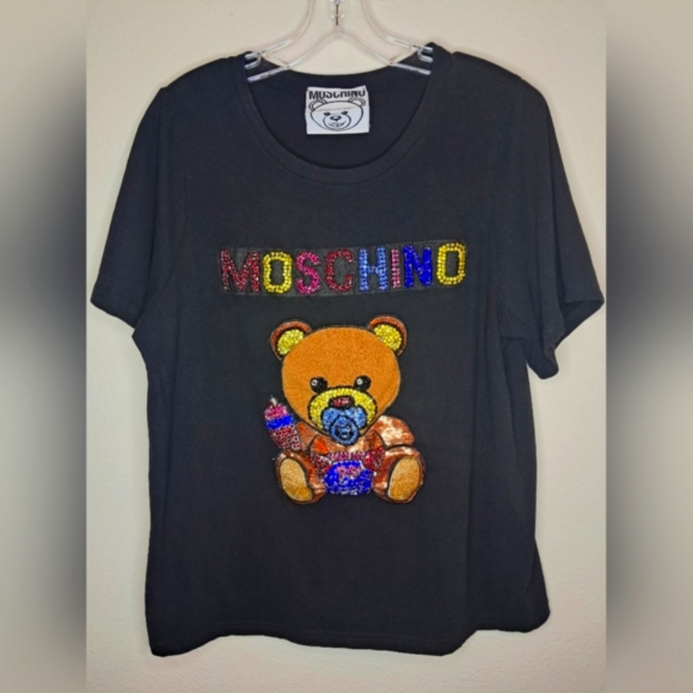 Moschino Black T-Shirt with Teddy Bear Design Jeweled